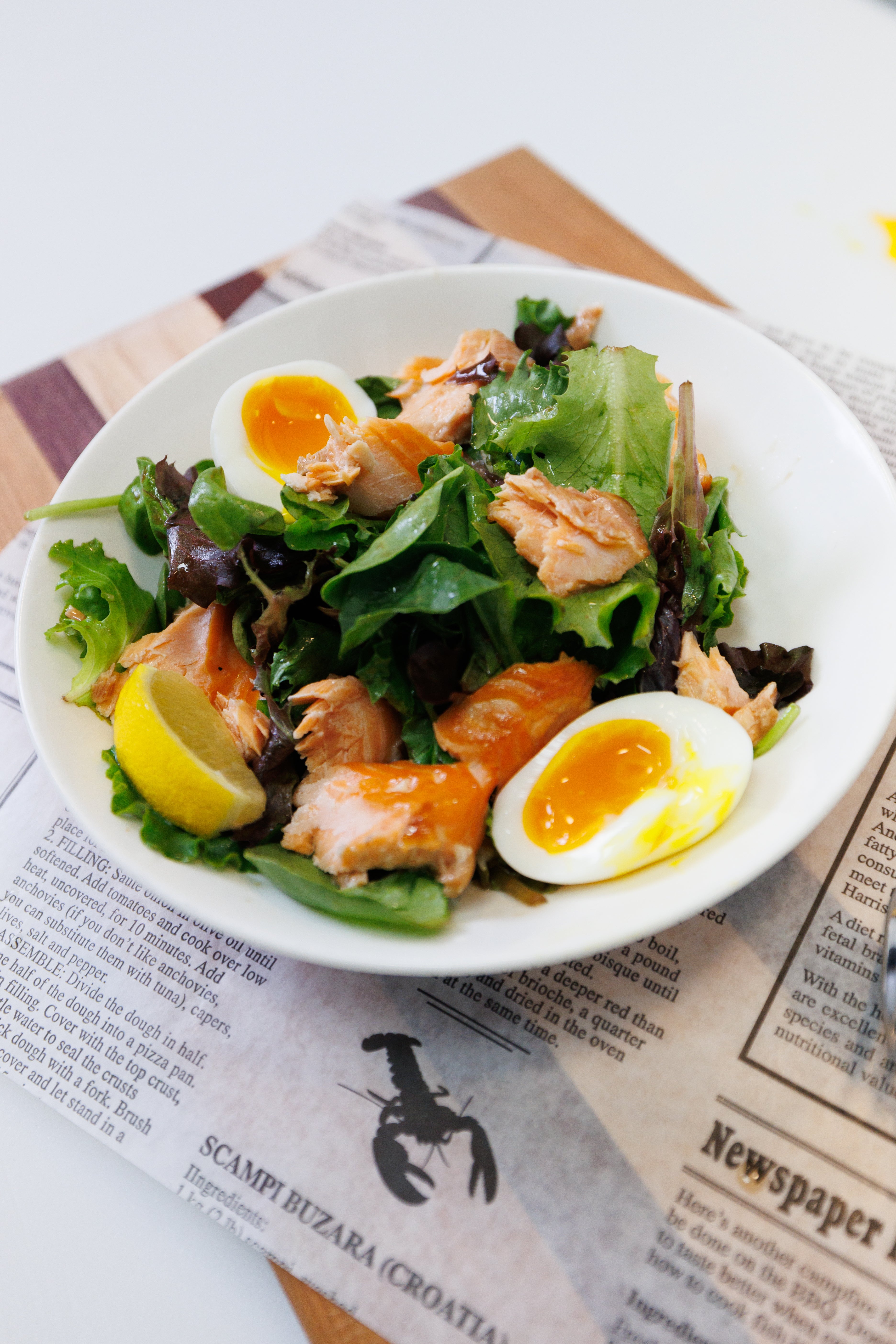 A Cobb-style salad with bits of smoked arctic char, greens, eggs and lemon.